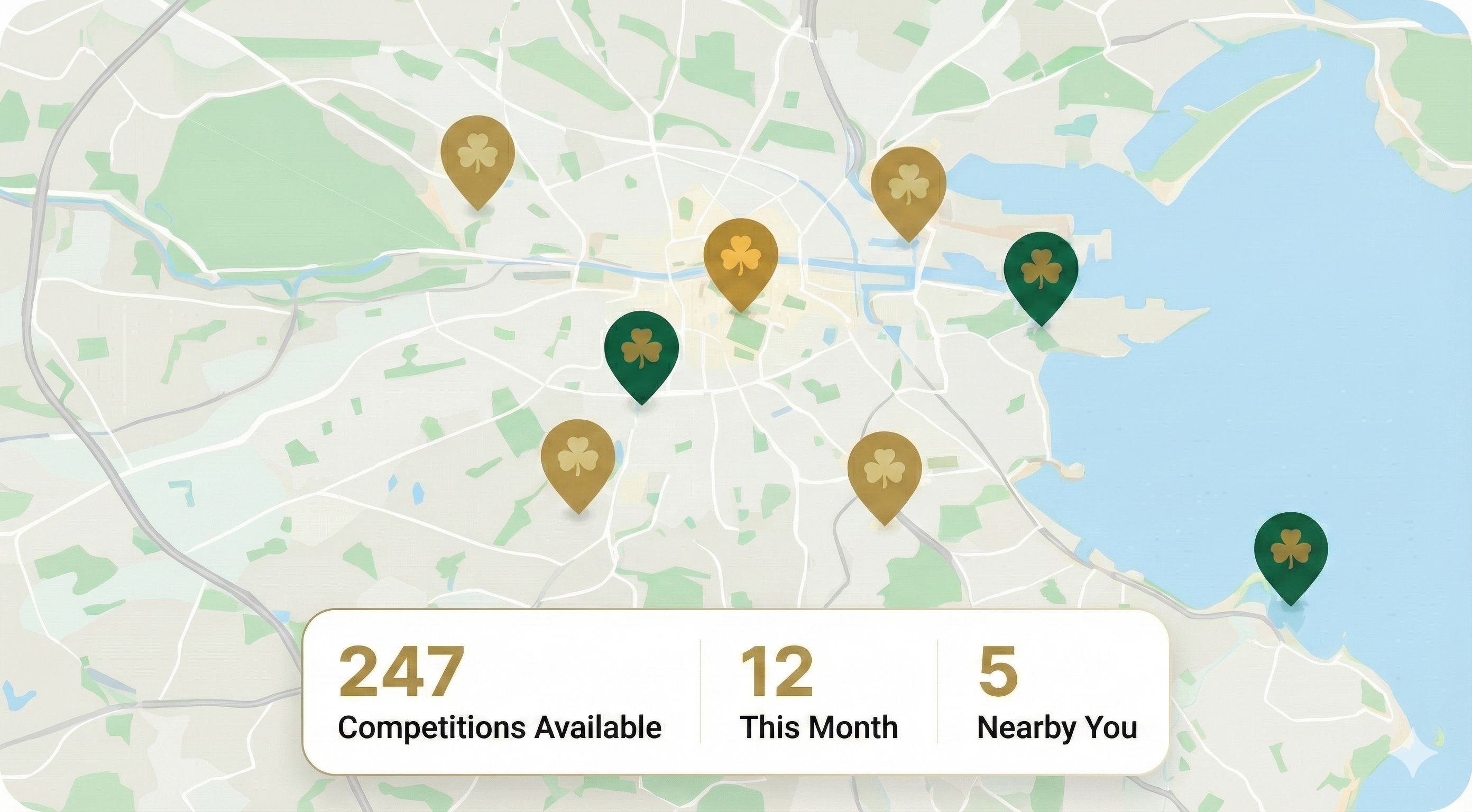 Interactive map showing Irish dance competitions with shamrock markers